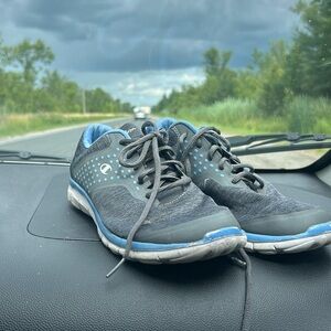 Grey and blue champion running shoes